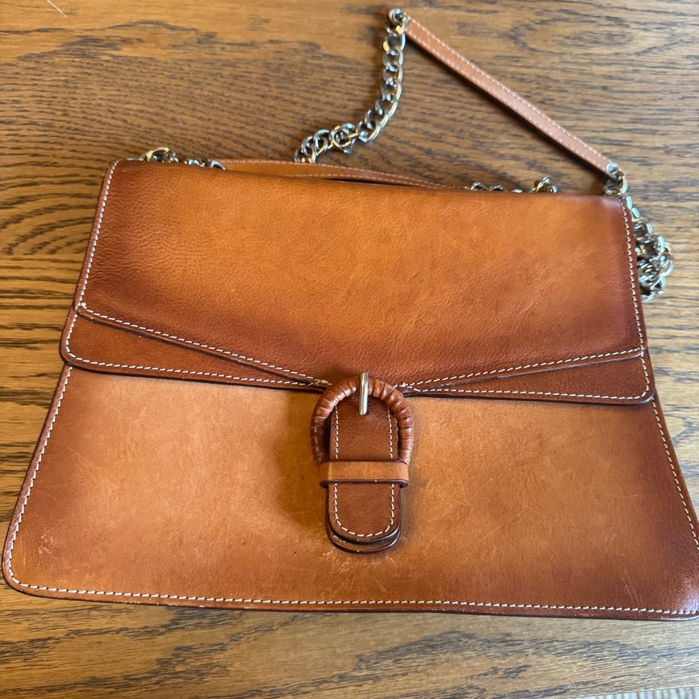 Cavalcanti Italian Leather Tan Shoulder Bag with Chain Detail crossbody Purse - Picture 16 of 16